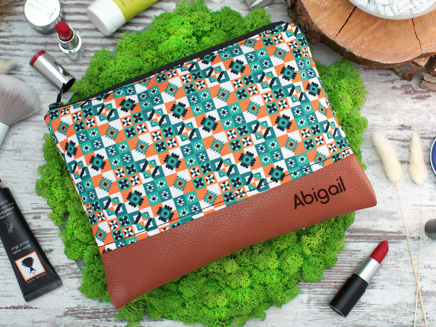 Personalized Makeup Bag Pattern, Zipper Cosmetic Bag, Travel Gifts for Her, Leather Cosmetic Organizer, Print Cosmetic Bags