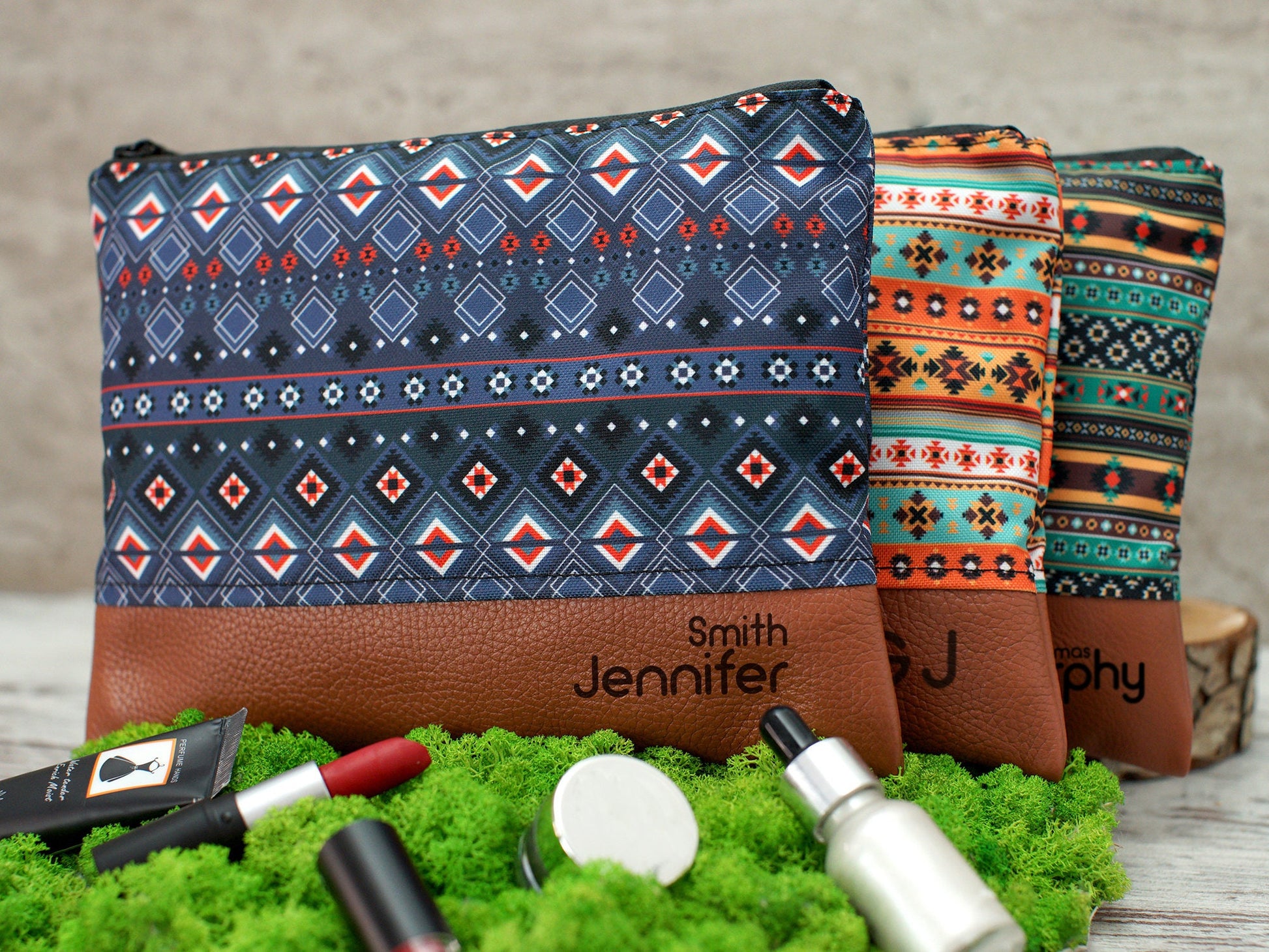 Personalized Cosmetic Bag - 6 Different Pattern Available, Custom Makeup Bag, Personalized Gifts for Her, Leather Cosmetic Zipper Organizer