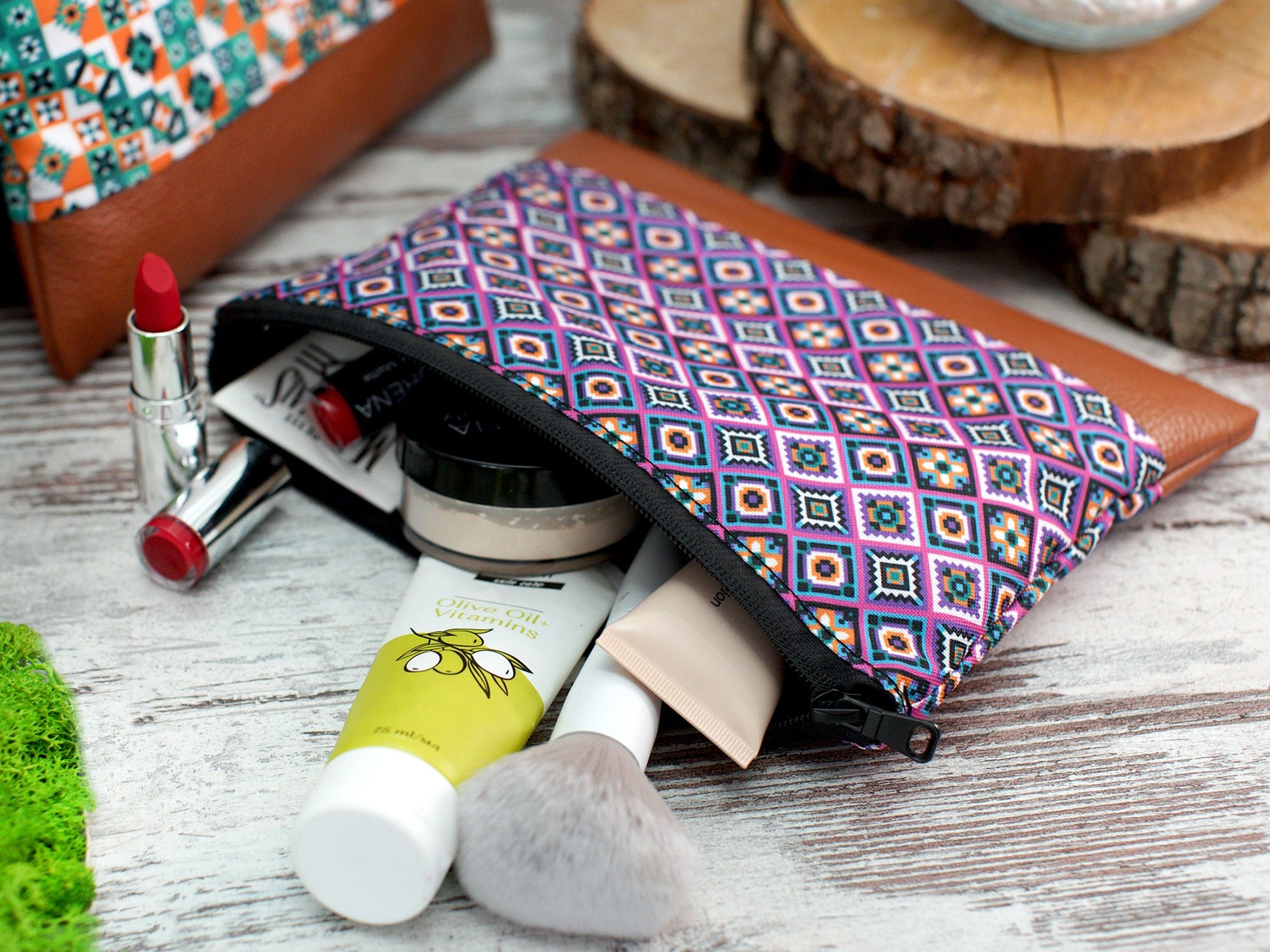 Pattern Cosmetic Bag, Personalized Gifts for Her, Custom Make Up Bag, Christmas Gifts for Women, Leather Cosmetic Zipper Bag, Cosmetic Pouch