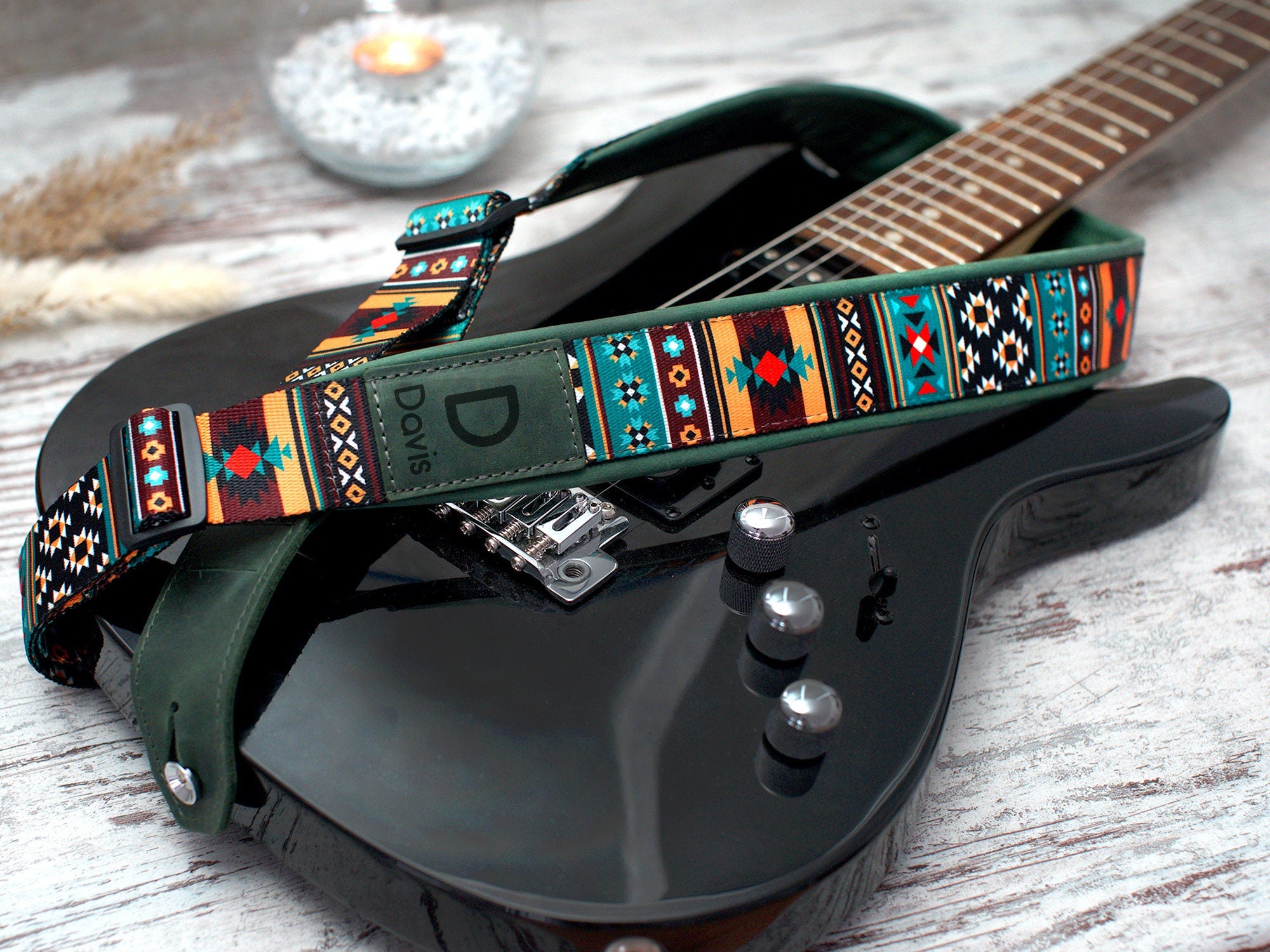 Guatemalan embroidered leather guitar strap, Gift guitarist, Unique guitar strap, Acoustic Electric guitar strap, Jade green - buy Peacock PRG1